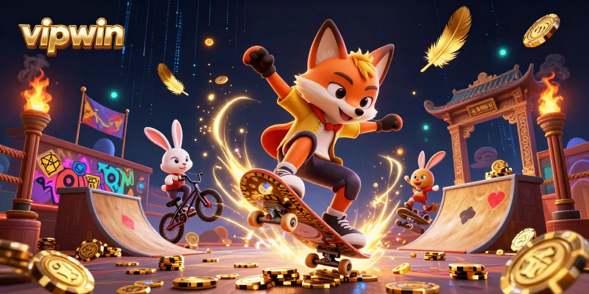 Experience thrilling action at vipwin with a cartoon fox and rabbit in a vibrant casino scene.
