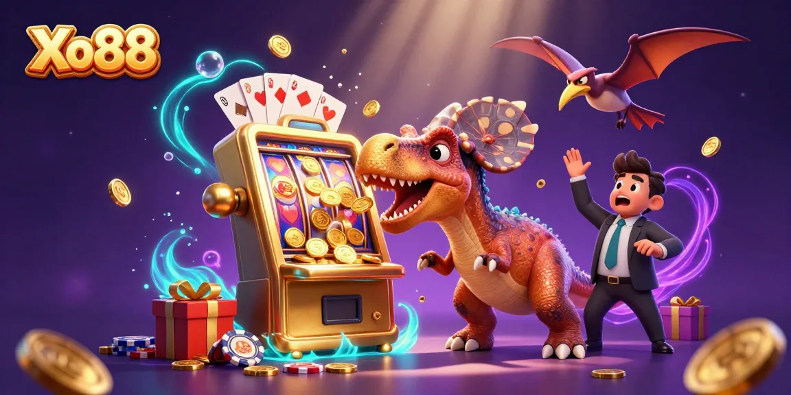 Xo88 showcases a dynamic scene with dinosaurs and casino elements, emphasizing jackpot excitement.