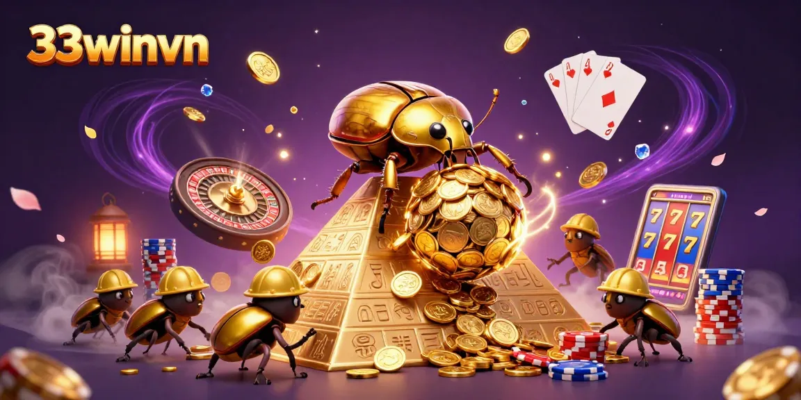 Engage with the exciting world of 33winvn as a golden dung beetle rolls coins towards casino victory, showcasing vibrant game elements.