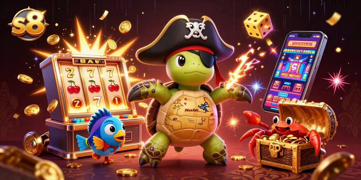 S8’s animated casino scene showcases colorful slots, treasure, and engaging characters like a pirate turtle.