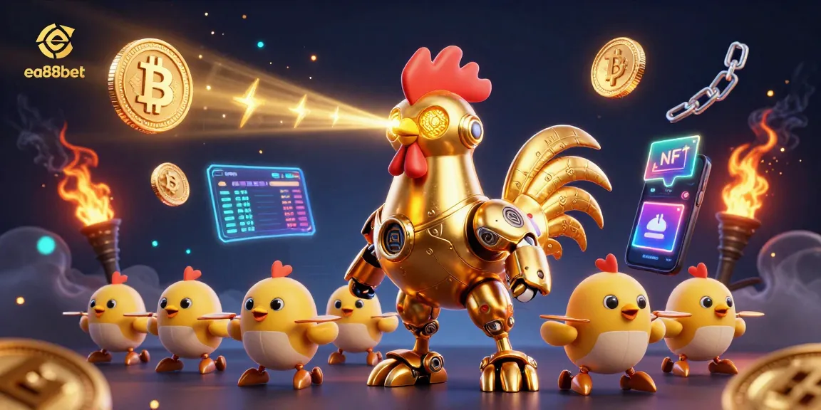 Engage in premium gaming with ea88bet as golden rooster robot shoots lasers in a vibrant 3D casino.