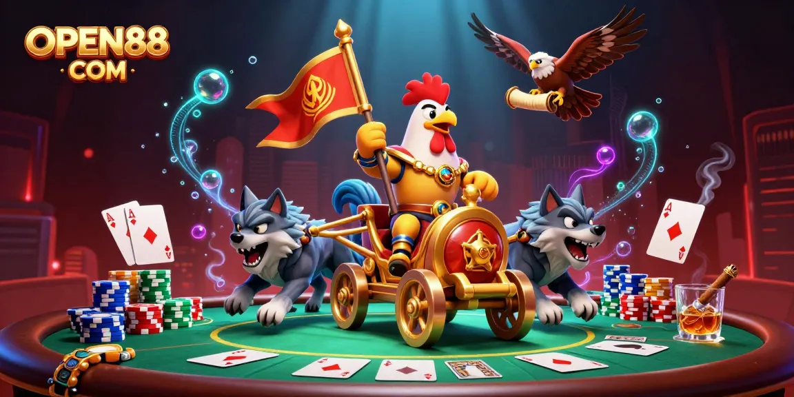Engage in exciting poker action with OPEN88 COM featuring animated characters, vibrant chips, and a dramatic setting.