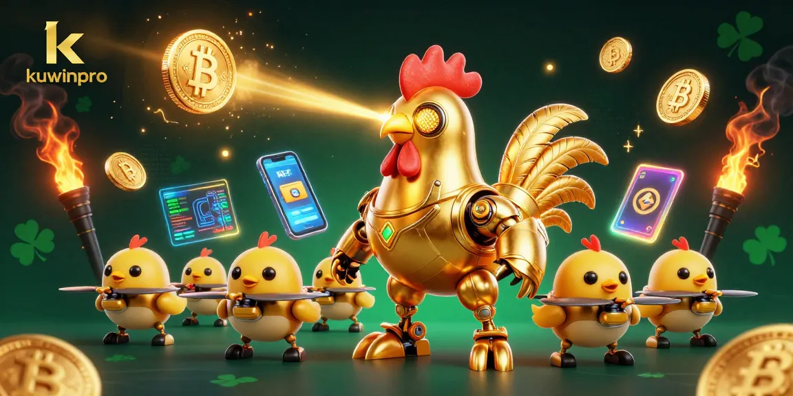 Engage with kuwinpro's thrilling experience in a vibrant, 3D casino-themed illustration featuring futuristic characters and crypto elements.