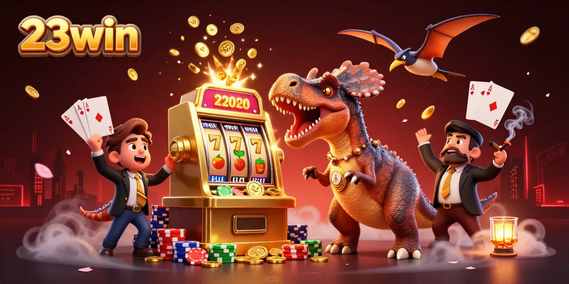23win showcases a pachycephalosaurus winning coins from a golden slot machine while a casino manager watches.