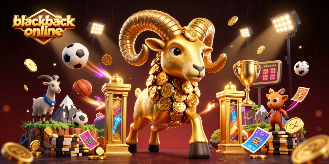 Experience blackjack online with a dynamic scene of golden ram amidst flying sports elements.
