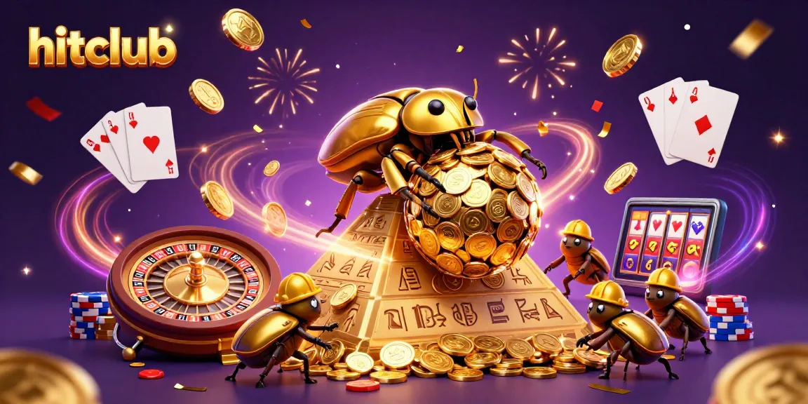 Experience action-packed gameplay with hitclub's animated golden beetle rolling coins in a vibrant casino