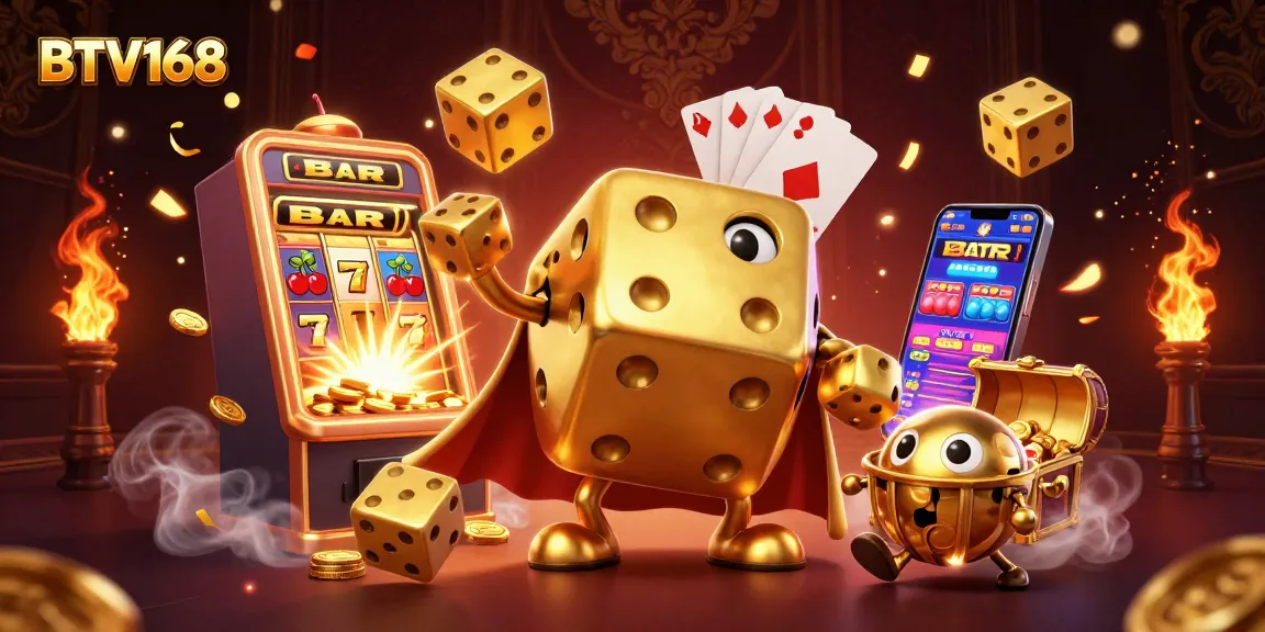 BTV168 brings the casino to life with a vibrant illustration featuring a golden dice golem and slot machine jackpot.